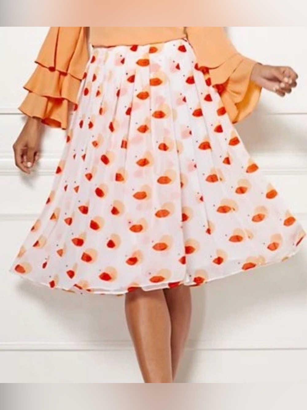 New York & Company x Eva Mendes White Wrap Skirt with Orange and Red Lips